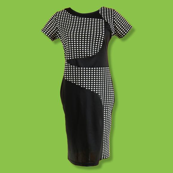 Black and White Gingham Abstract Midi Sheath Dress Short Sleeve, XL - Picture 2 of 4
